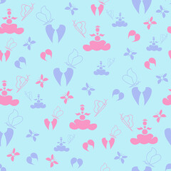 Pink and sky blue repeat pattern design, featuring angels, wings and clouds.  Perfect for fabric, scrapbooking, quilting, wallpaper, swatches and many other projects.