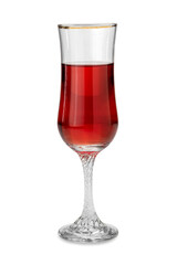 Flute or goblet trumpet glass with rose wine isolated on white, clipping path, vintage glass