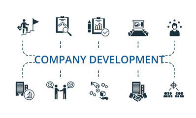 Company Development set icon. Editable icons company development theme such as performance evaluations, career path, partnership cooperation and more.