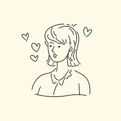 A young woman looks in front of her. Vector linear illustration drawn by hand. Fashionable cartoon-style illustration. A pretty sweet girl is smiling.