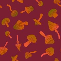Cartoon autumn seamless mushrooms pattern for Halloween wrapping and kids accessories and clothes print