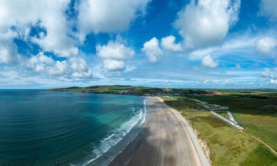panorama aerial view of the endless golden sand beach in Ballybunion on the west coast of Ireland