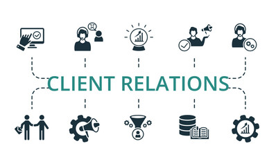 Client Relations set icon. Editable icons client relations theme such as marketing automation, customer issues, knowledge base and more.