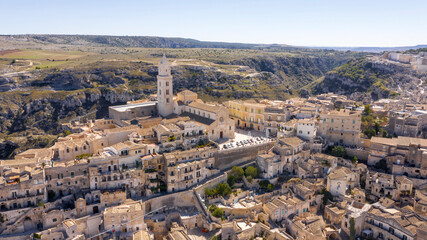 Fototapeta na wymiar Aerial view of Cathedral of Madonna della Bruna and Sant'Eustachio located in Matera, Basilicata, Italy. It's the main Catholic place in the city. The church was built in the Apulian Romanesque style