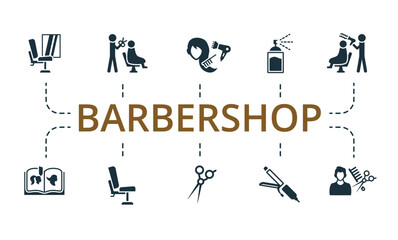 Naklejka premium Barbershop set icon. Editable icons barbershop theme such as hair styling, styler, scissors and more.