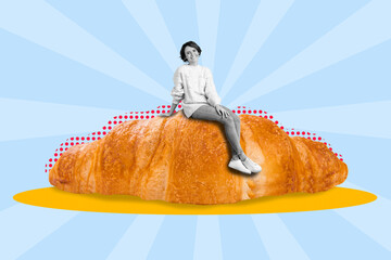 Collage 3d image of pinup pop retro sketch of cute adorable young woman sit big fresh baked french croissant advert enjoy breakfast tasty