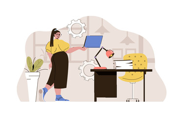 Office manager concept. Woman working on laptop, maintains working conditions situation. Corporate culture people scene. Illustration with flat character design for website and mobile site