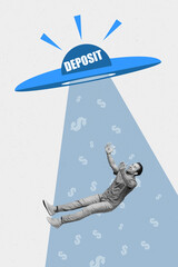 Creative photo 3d collage poster postcard image artwork of flying man open hand catch money...