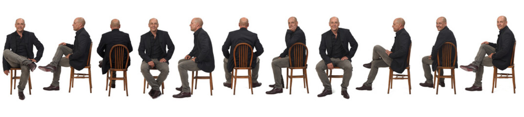 line of group of same bald man with blazer and jeans sitting on chair on white background