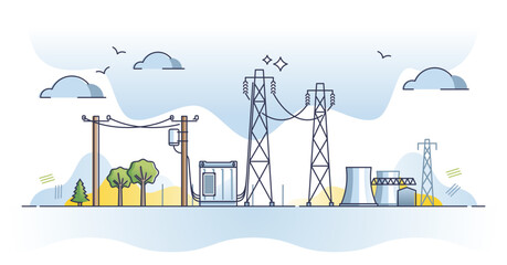 Fototapeta Power grid with electricity distribution wiring from station outline concept. Energy supply lines with towers, generator and atomic utility vector illustration. Thermal reactor with infrastructure. obraz