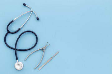 Medical steel equipment - instruments with stethoscope. Healthcare background
