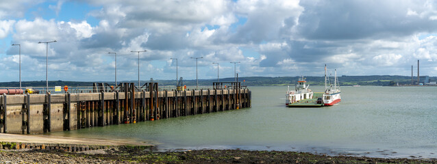 panorama view of the Killimer ferry landing at the ferry terminal on the Shannon River Estuary in...