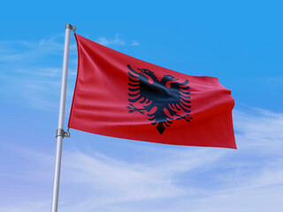 Beautiful Albania flag waving with sky background - 3D illustration - 3D render