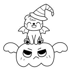 Halloween cartoon cute  bear bat pumpkins outline illustration for coloring page 