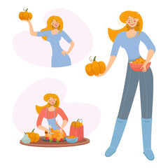 Happy girl is preparing for the holidays Halloween, Thanksgiving day. The woman is busy with household chores. The blonde is preparing a festive dinner. Vector isolated illustration, set flat style