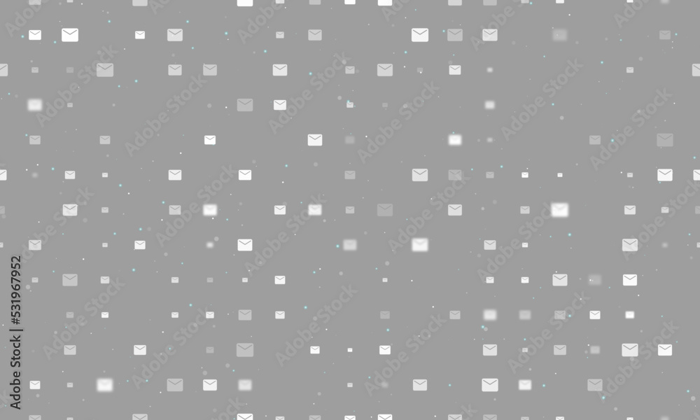 Poster seamless background pattern of evenly spaced white email symbols of different sizes and opacity. vec