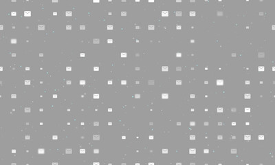 Seamless background pattern of evenly spaced white email symbols of different sizes and opacity. Vector illustration on grey background with stars