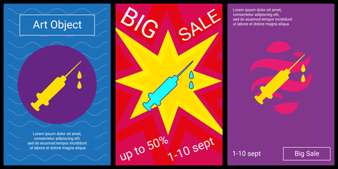 Trendy retro posters for organizing sales and other events. Large syringe symbol in the center of each poster. Vector illustration on black background