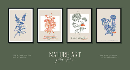 Fototapeta na wymiar Bohemian poster collection with wildflowers and botanical illustrations for your wall art gallery 