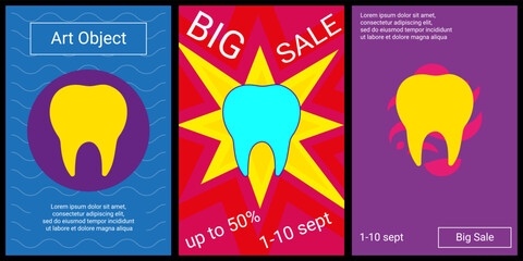 Trendy retro posters for organizing sales and other events. Large tooth symbol in the center of each poster. Vector illustration on black background