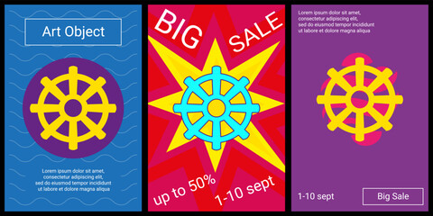 Trendy retro posters for organizing sales and other events. Large wheel symbol in the center of each poster. Vector illustration on black background