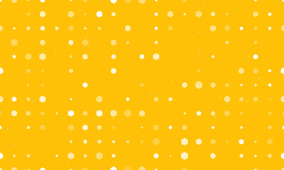 Seamless background pattern of evenly spaced white hexagon symbols of different sizes and opacity. Vector illustration on amber background with stars