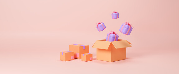 Present box cardboard opens up to show magic gifts flying on pink background and blank space for commercial design. online shopping, greeting, and celebrate concept. 3d render illustration