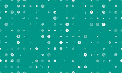 Seamless background pattern of evenly spaced white time symbols of different sizes and opacity. Vector illustration on teal background with stars