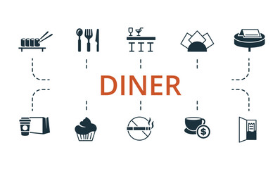 Diner set icon. Editable icons diner theme such as bar, napkins, tips and more.