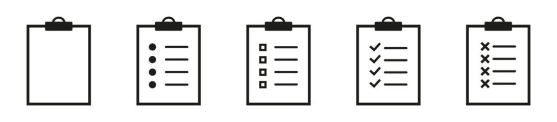 Checklist clipboard vector icons.  Clipboard with checkmark cross and text.  Line symbol.  Set simple design.  eps10