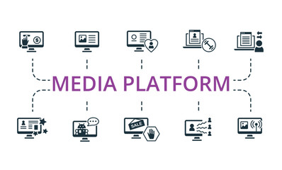 Media Platform set icon. Editable icons media platform theme such as avatar, chatbot, geotargeting and more.