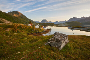 Scenic landscape with and lake mountains, Lofoten, Norway