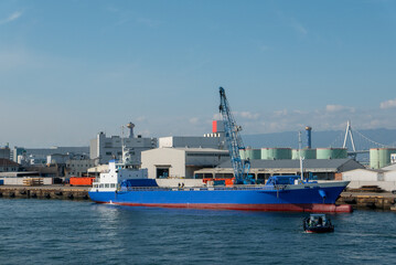 Bunkering process of a tanker at Osaka port, Osaka, Japan.