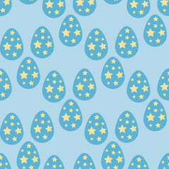 Seamless pattern with blue Easter eggs on light blue background. Vector image.