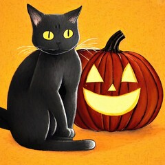Halloween black cat with pumpkin