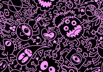 Cartoon monsters aliens seamless kids emoticons pattern for wrapping and school notebooks and Halloween