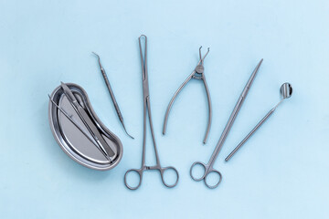 Medical steel equipment for surgery in tray. Healthcare background