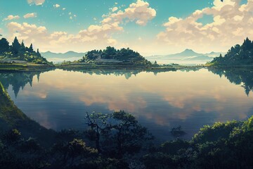 Beautiful lake. High quality 2d illustration