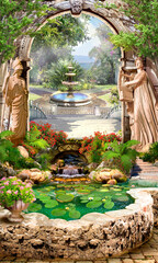 Digital illustration, a park with a fountain and a stone arch with sculptures. Wallpaper on the wall. The fresco.