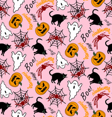 Abstract Hand Drawing Halloween Concept Pumpkins Cats Spiders and Spider Webs Seamless Vector Pattern Isolated Background