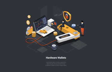 Cryptocurrency Safe Storage And Hardware Offline Wallet For Crypto. Man And Woman Transfer Crypto Coins Into Offline Wallet To Avoid Hacker Attack And Steal Money. Isometric 3d Vector Illustration