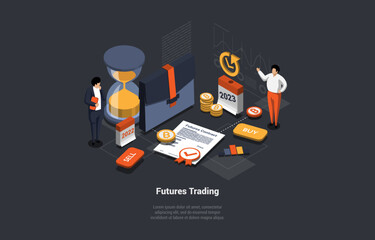 Futures Market Trading, Binary option And Risks and Profits Concept. Stockbrokers Analyse Global Fund and Finance News Develop Trading Strategy for The Next Year. Isometric 3d Vector Illustration