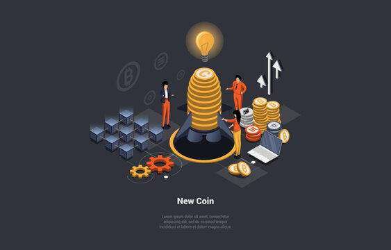 Blockchain ICO. Pre-sale Ventures. IEO, IDO Metaphor. Investment Funds. Initial Coin Offering. Investing at Initial Privat Stage. Crypto Investor Fund in Presale. Isometric 3d Vector Illustration