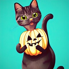 Cute cat holding pumpkin