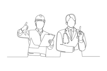 Two people who have different professions, are discussing a project. continuous line. simple line