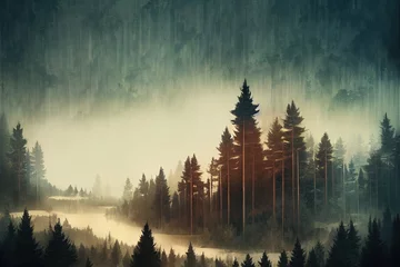 Photo sur Plexiglas Forêt dans le brouillard La forêt de pins dans la vallée le matin est très brumeuse, l& 39 ambiance a l& 39 air effrayante. Ton sombre et image vintage. Illustration 2d de haute qualité