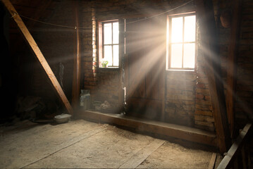 Old windows and door in the attic