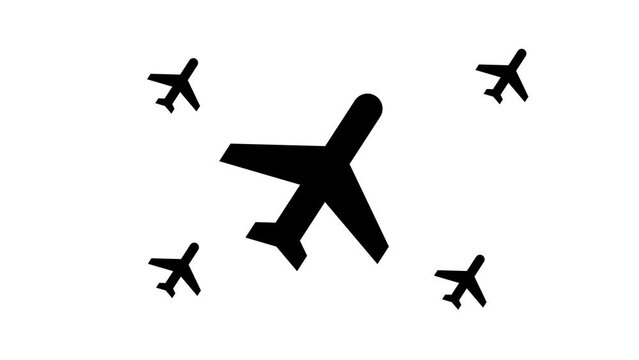 Zoom in and out animation the plane symbol. Large black symbol in the center and four small symbols around. Seamless looped 4k animation on white background