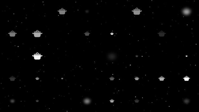 Template animation of evenly spaced pot symbols of different sizes and opacity. Animation of transparency and size. Seamless looped 4k animation on black background with stars