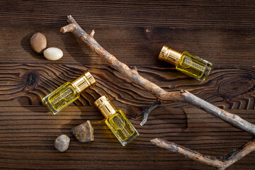 Traditional Arabian incense - agarwood tree oil perfume, top view